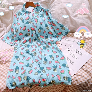 Đầm Ngủ Pyjama MAI SLEEPWEAR Lụa Mặc Nhà Họa tiết Trái Thơm Dưa Hấu Trẻ Trung Cao Cấp MS910
