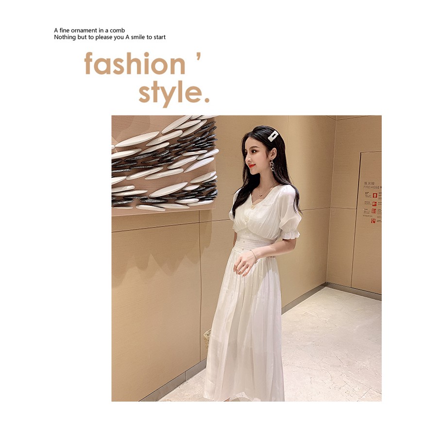Váy liền thân cổ chữ V phong cách cổ điển kiểu Pháp, Thời Trang mùa hè 2019