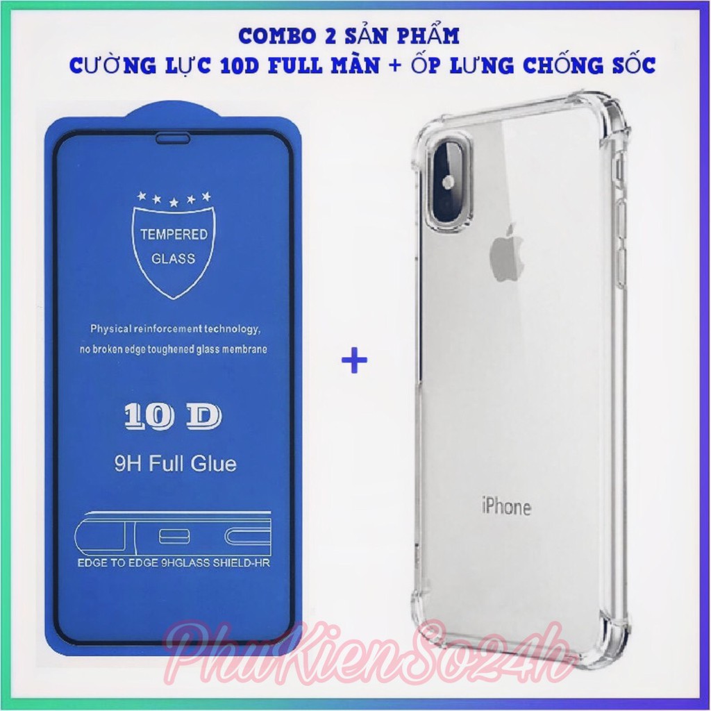 Cường Lực Full Màn 10D cho iPhone + Ốp silicon chống sốc 4 góc cao cấp cho Iphone 6G đến IPHONE 11 PRO MAX