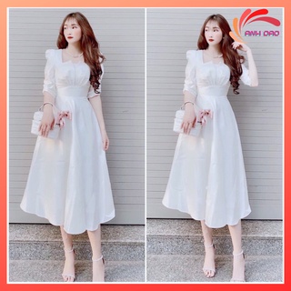 Váy đầm trắng xoè vintage dự tiệc ngực xẻ tay lỡ nhún bồng vải kim tuyến cao cấp V0039 fullsize AĐ BOUTIQUE