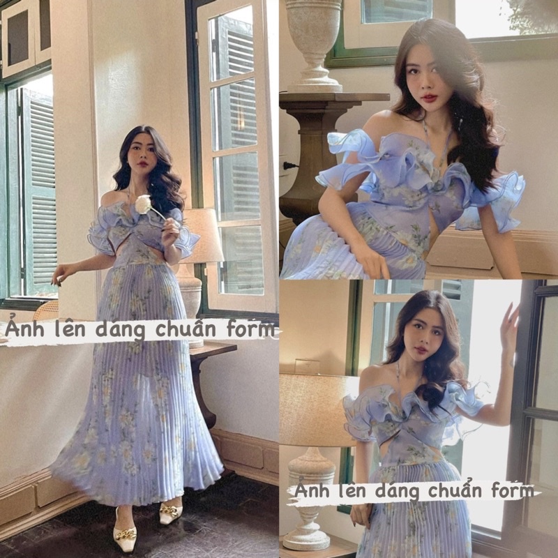 Đầm  váy maxi ASHYLEY thiết kế (HÀNG SẴN) trễ vai dập ly hoạ tiết cut eo tôn dáng Aimee closet