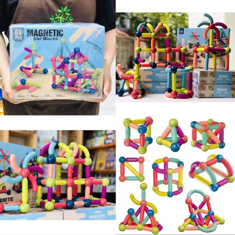 Bộ xếp hình nam châm cao cấp, ghép hình nam châm từ tính 64ct - Đồ chơi phát triển trí tuệ cho bé
