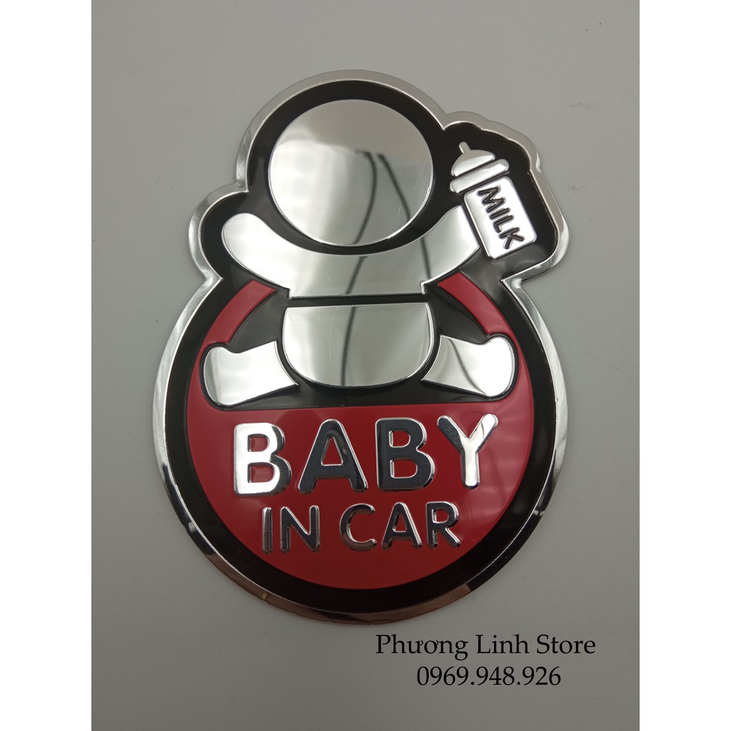 Tem xe ô tô đẹp Baby In Car cầm sữa Logo dán xe Tem nhôm baby màu đỏ (130)