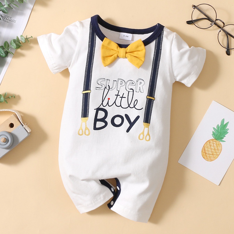 Bộ Áo Liền Quần Bằng Cotton Tay Ngắn In Họa Tiết Cà Vạt Quý Ông Cho Bé Trai Sơ Sinh