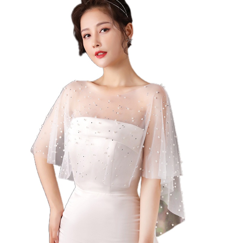 Khăn Choàng Vải Tuyn Xếp Ly Đính Hạt Ngọc Trai Màu Trắng Phong Cách Vintage Dành Cho Nữ