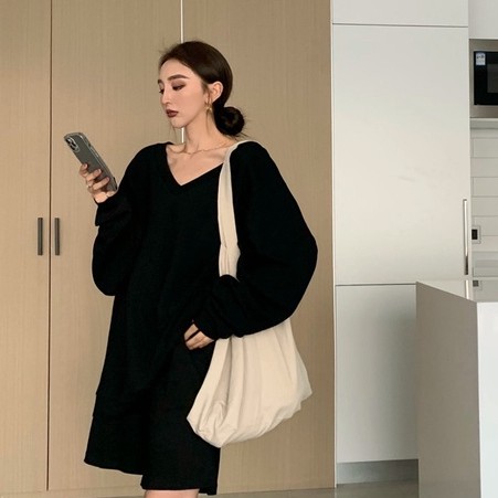 QADCOL Áo thun lửng dài tay cổ chữ V dáng rộng thời trang cho nữ