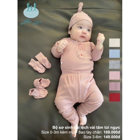 Lillte Love - Bộ cài lệch sơ sinh vải tăm có túi cho bé trai, bé gái từ 0 đến 6 tháng ( Size 0.3 tặng kèm phụ kiện mũ, b
