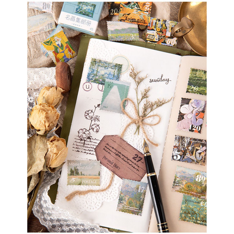 Hộp 45 miếng sticker mẫu tem hình các bức tranh