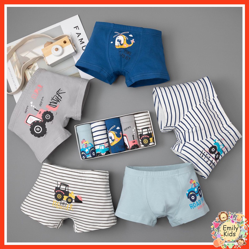 Bộ 5 Quần Lót Boxer Cotton Tinh Khiết Kháng Khuẩn Thoải Mái In Họa Tiết Phương Tiện Hoạt Hình Cho Bé Trai 3-12 Tuổi