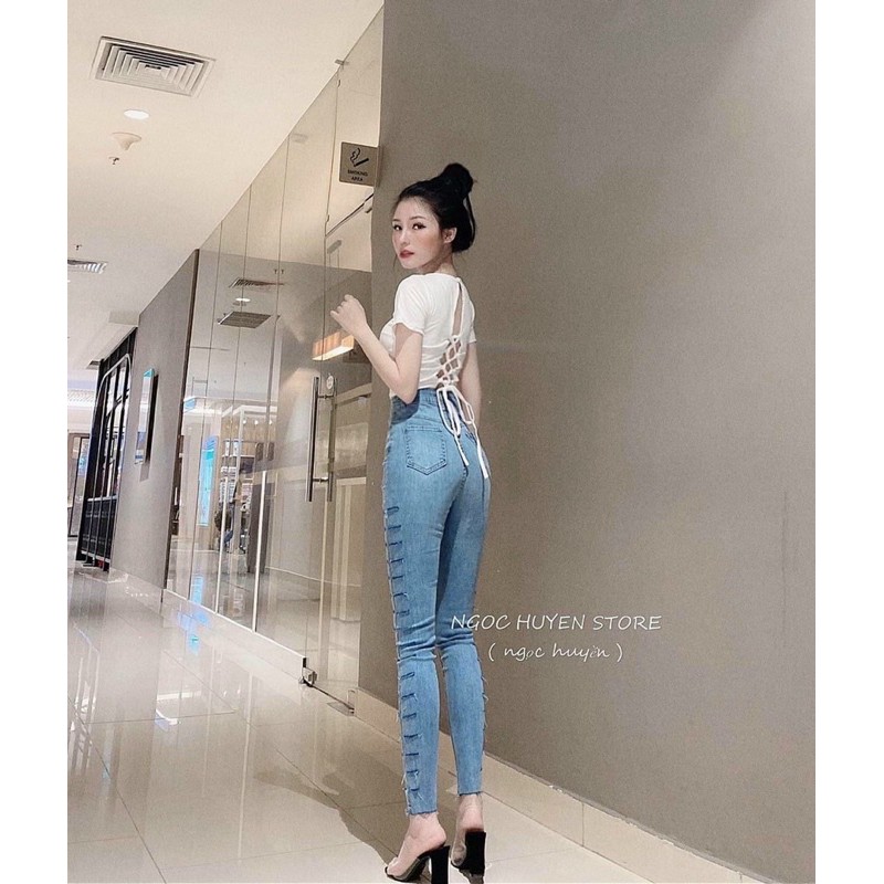 Quần jeans ôm body lưng siêu cao rách xương cá