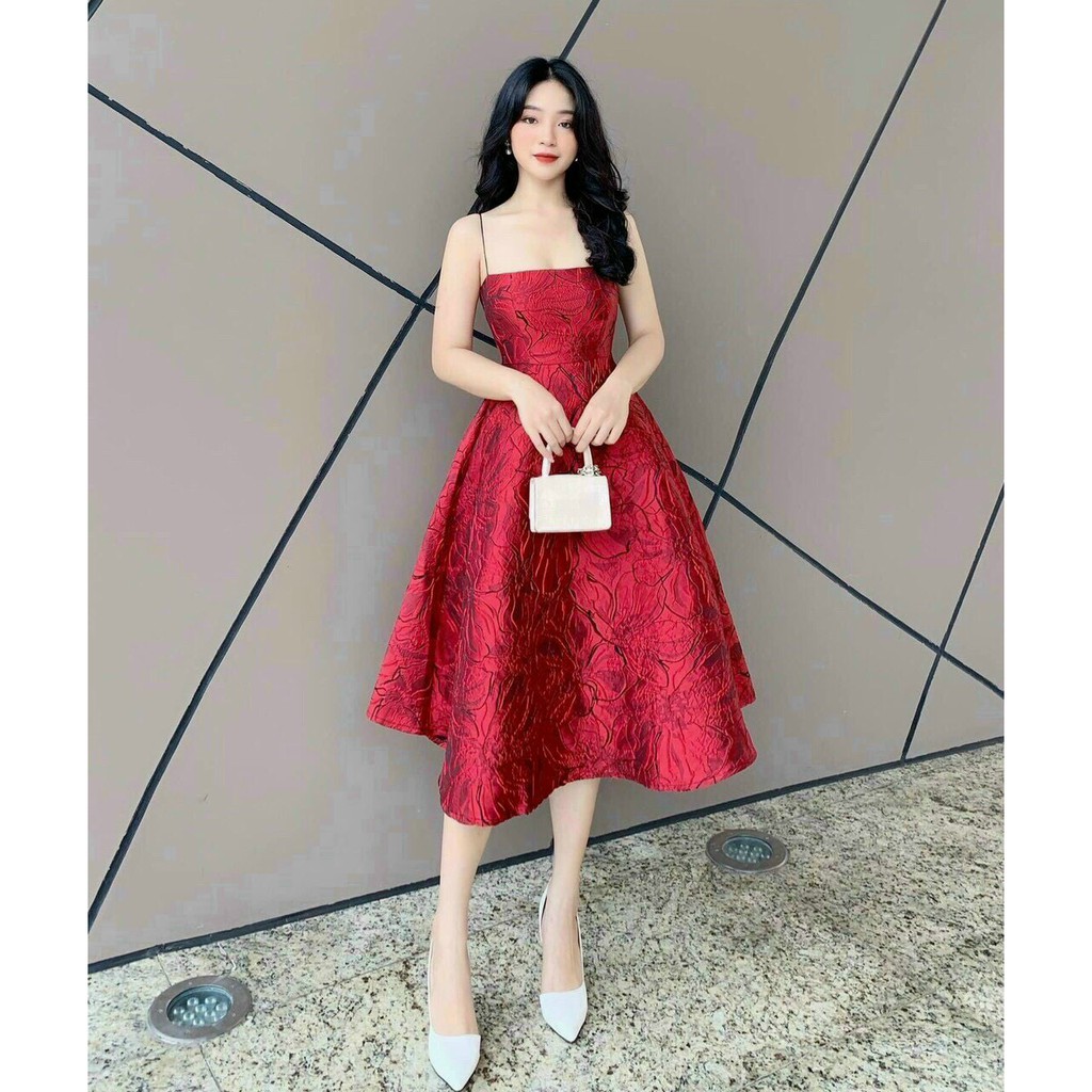Đầm xòe hai dây siêu phẩm dự tiệc hai màu trắng và đỏ