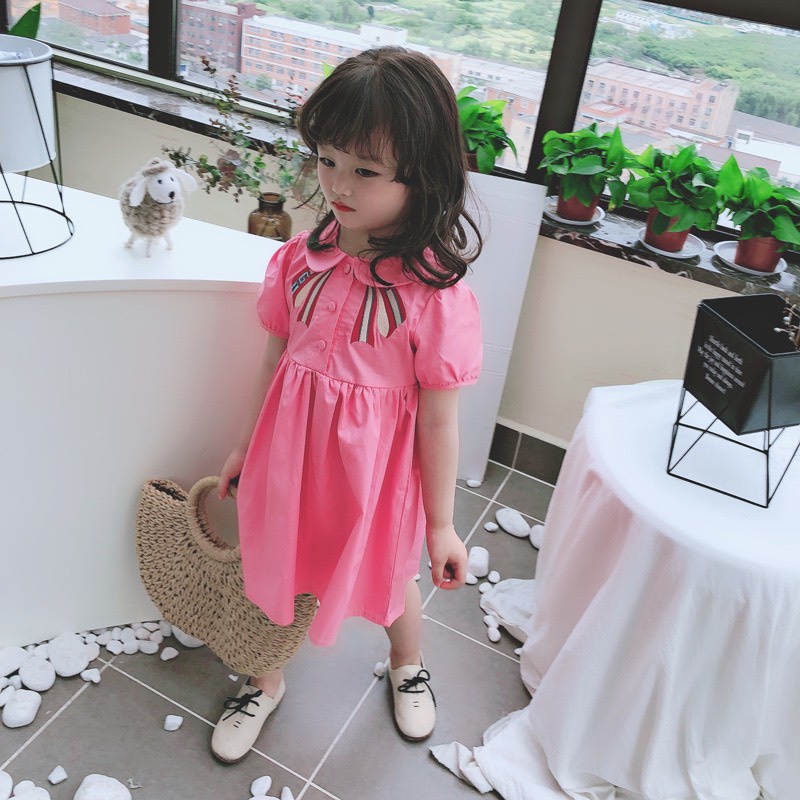 Váy bé gái đũi hồng nơ thêu ngực áo XHN904