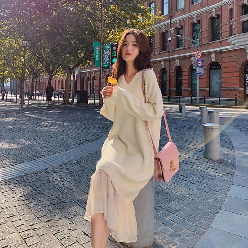 Đầm Sweater Dệt Kim Dáng Dài Qua Gối Phối Lưới Thời Trang Thu Đông Sang Trọng Cho Nữ