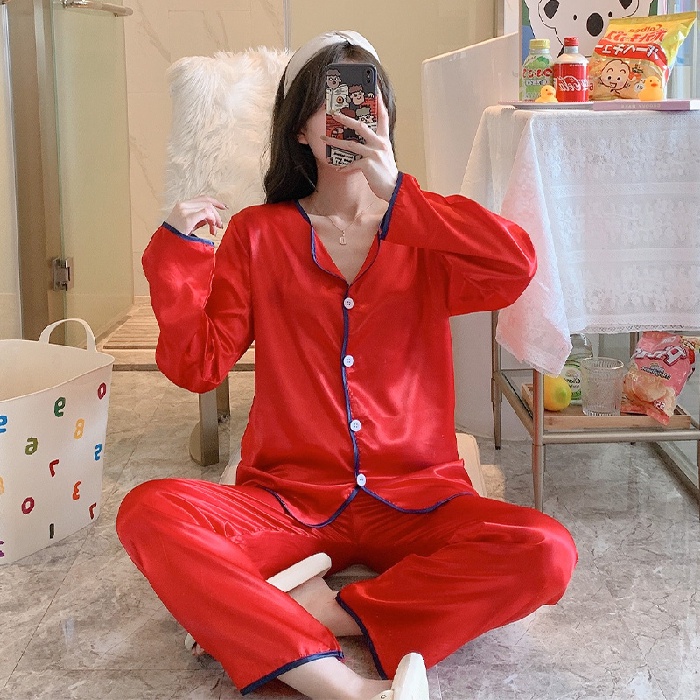 Set Đồ Ngủ Pijama Dài Tay Chất Phi Bóng Cho Nữ