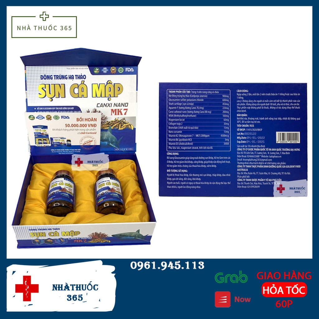Viên uống Đông trùng hạ thảo Sụn cá mập Canxi nano MK7 - Hộp 2 lọ cao cấp x 30 viên