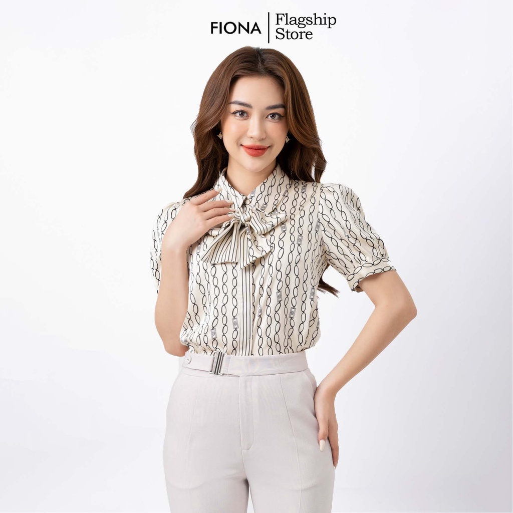 Áo sơ mi nữ Fiona lụa họa tiết, Sơ mi nữ thiết kế dáng suông, cổ buộc nơ rời F552227