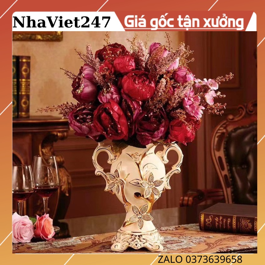 Lọ Hoa-Bình Cắm Bông Bằng Gốm Sứ Trắng Vẽ Vàng-Gốm Quảng Châu,Vật trang trí Decor Bàn,Tủ,Kệ,đẹp,giá rẻ,quà tặng ý nghĩa