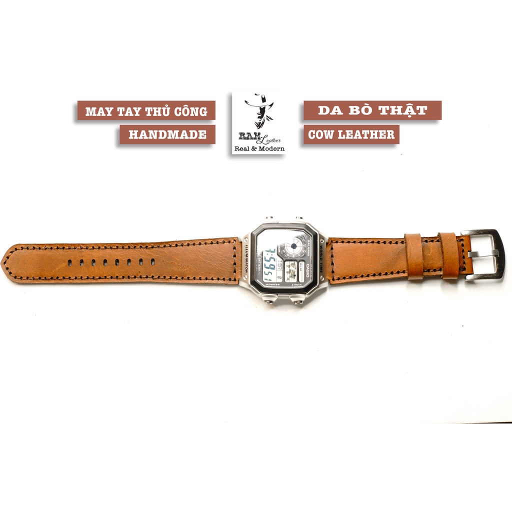 Dây Đồng Hồ Da Thật RAM Leather Vàng bò Cho Casio AE 1200 WHD và đồng hồ dây 18mm  Bền Đẹp