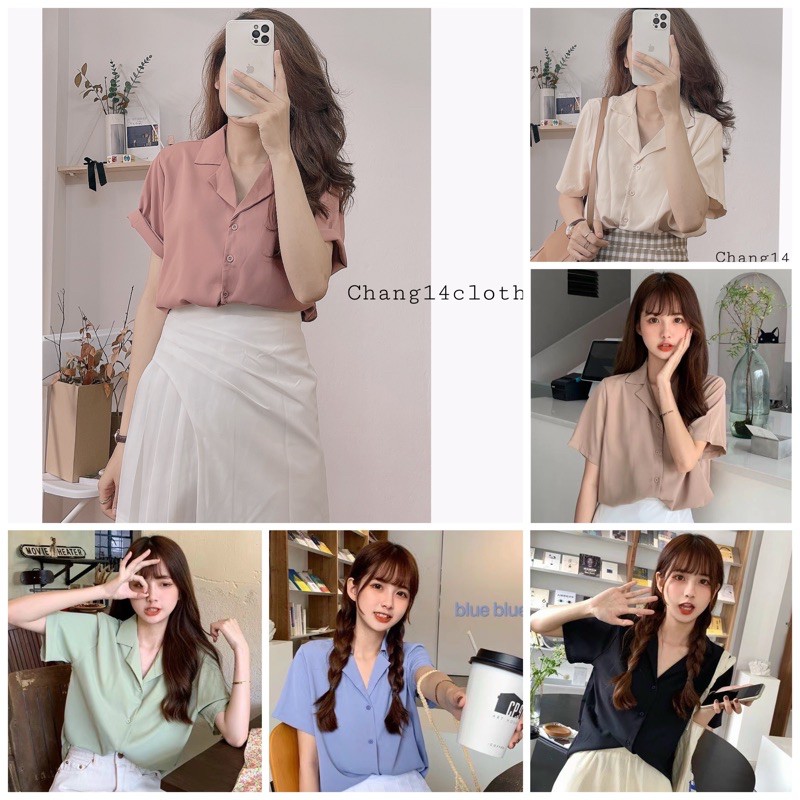 Áo sơ mi cổ vest chất vải lụa tay ngắn hàng quảng châu cao cấp nhiều màu