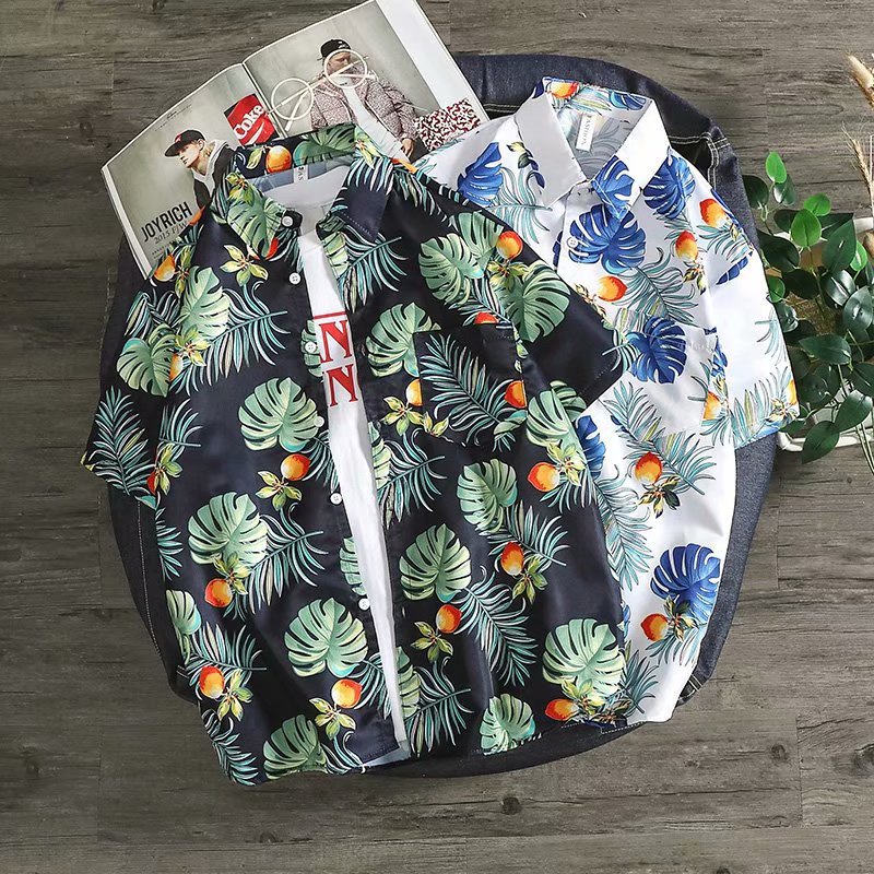 (M ~ 3XL) Áo sơ mi hoa ngắn của nam và nữ, các bản in cổ điển của Hàn Quốc, xu hướng bãi biển kiểu Hồng Kông