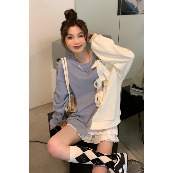 ZHELIHANGFEI Áo Sweater Tay Dài Dáng Rộng Đính Nơ Xinh Xắn Dễ Phối Đồ