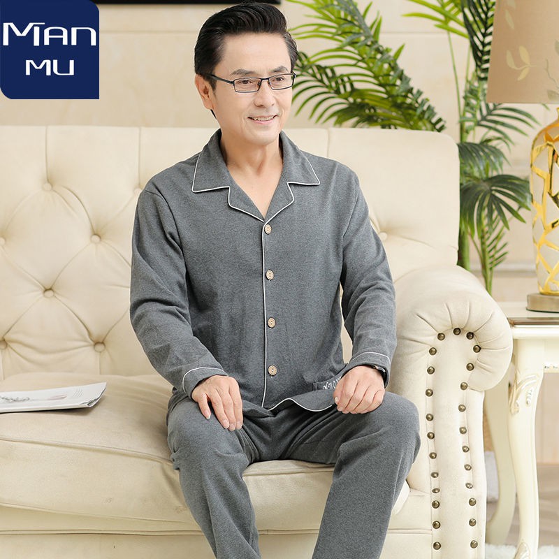 giá rẻ đẹpmùa xuân và thu bộ đồ ngủ dài tay dành cho người trung niên lớn tuổi bằng vải cotton tinh khiết nam mặ