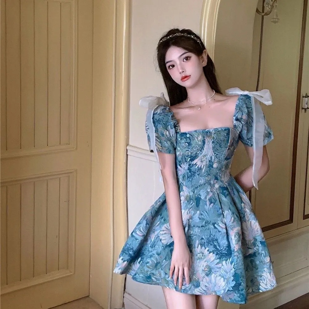 Có hàng sẵn Đầm Nữ Thắt Nơ Eo Họa Tiết Tranh Sơn Dầu Phong Cách Pháp Xinh Xắn TTJ130