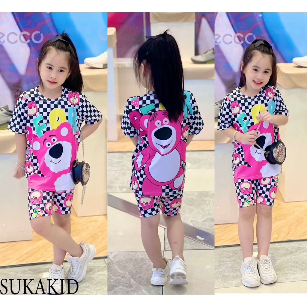 Bộ đồ quần áo trẻ em hinh in 3D co 3 mẫu gấu.mitkey.gái cột tóc 6kg đên 40kg.GN011.