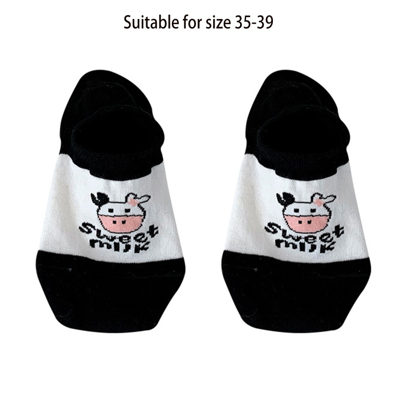 Xiangbao Vớ Thuyền Cổ Thấp Họa Tiết Bò Sữa Hoạt Hình Harajuku Mùa Hè Màu Đen Cho Nữ