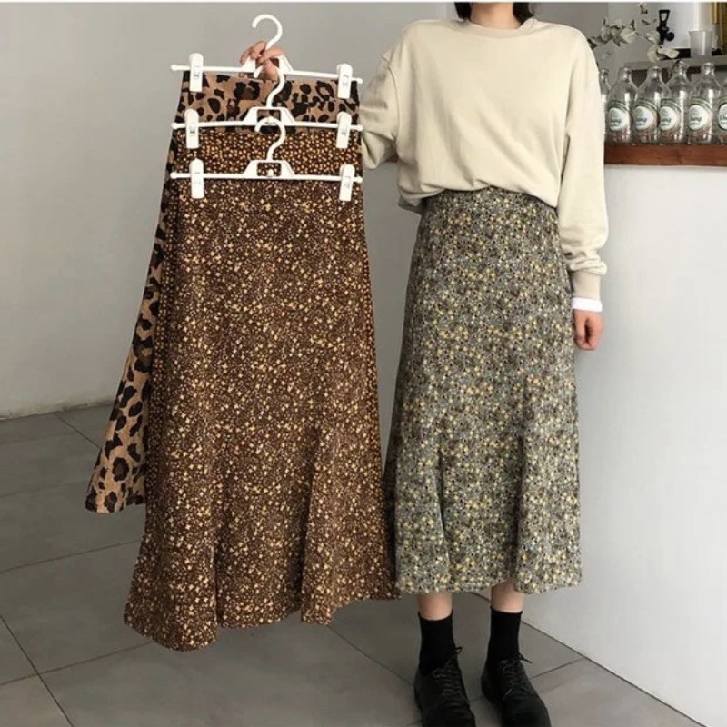 Chân váy midi CV hoa nhí xoè đuôi cá nhung tăm có khoá kéo cv1518 Ulzzang style 🌸 Hàng Quảng Châu