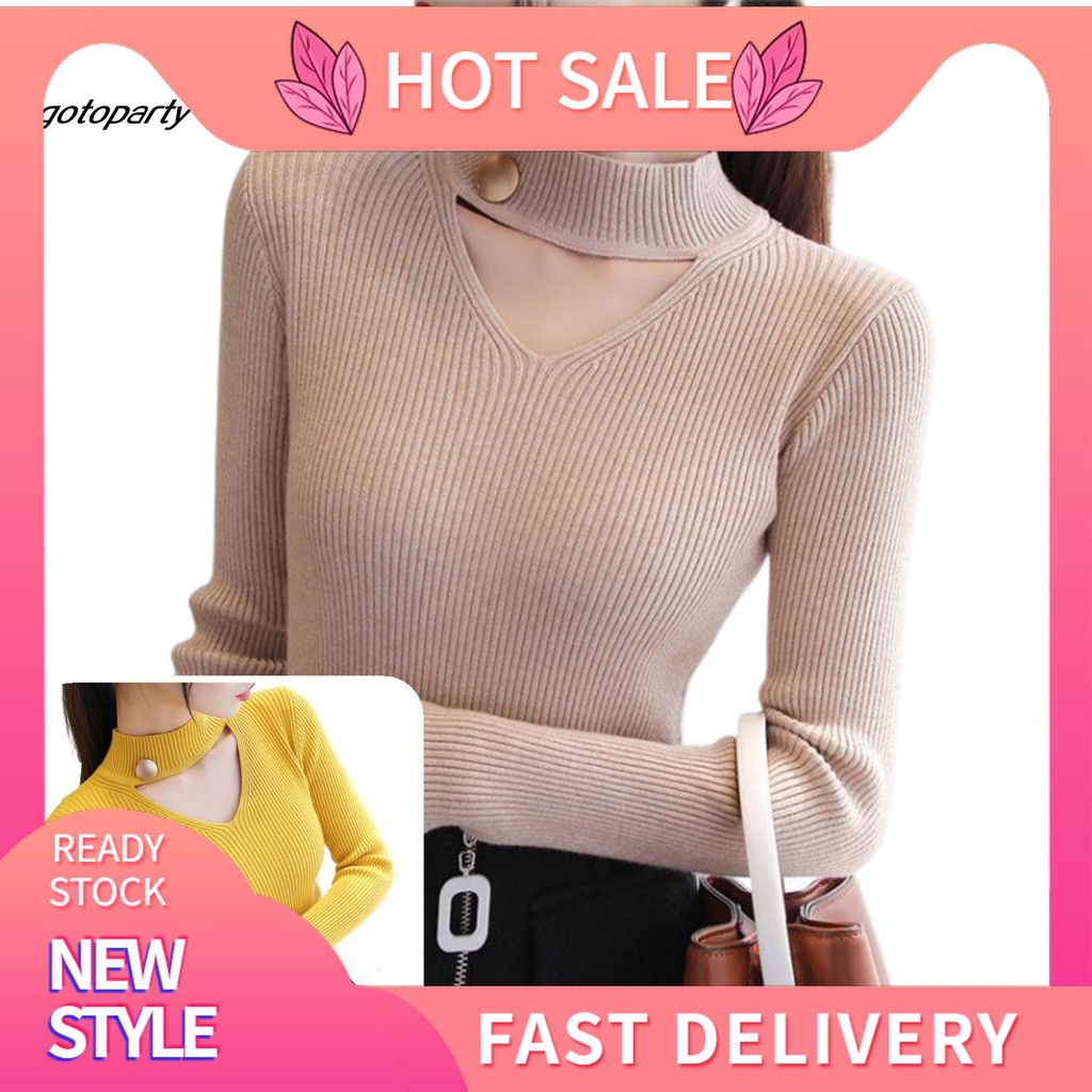 Áo dệt kim tay dài dáng ôm cài nút phối vòng cổ choker thời trang cho nữ | WebRaoVat - webraovat.net.vn