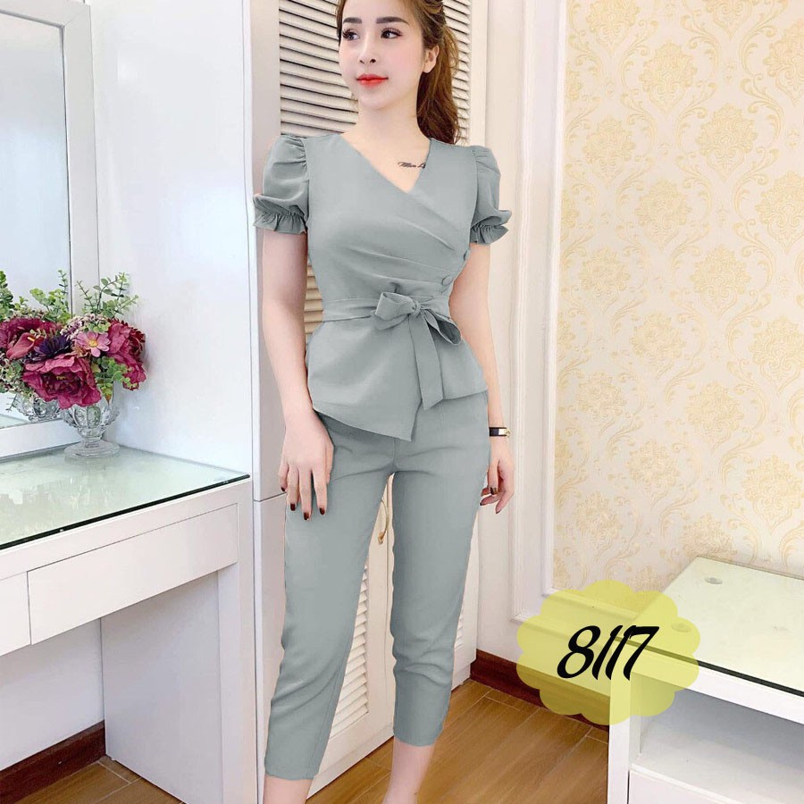 Set Bộ Nữ Công Sở Cột Nơ Tay Nhúng Quần Lửng Cực Kỳ Dễ Thương | BigBuy360 - bigbuy360.vn