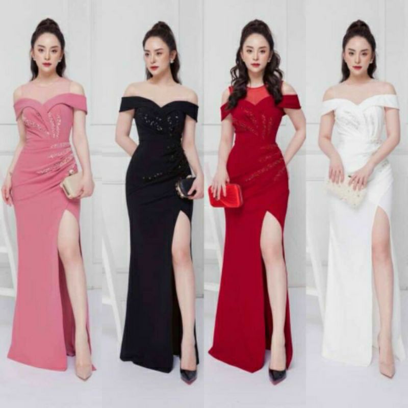 Đầm dạ hội rớt vai kèm ảnh thật tặng hoa tai thời trang xinh xắn