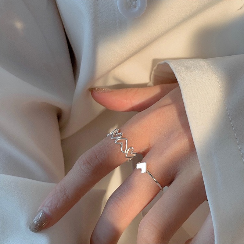 Bộ 2 nhẫn bạc hình trái tim rỗng thời trang thanh lịch cho nữ