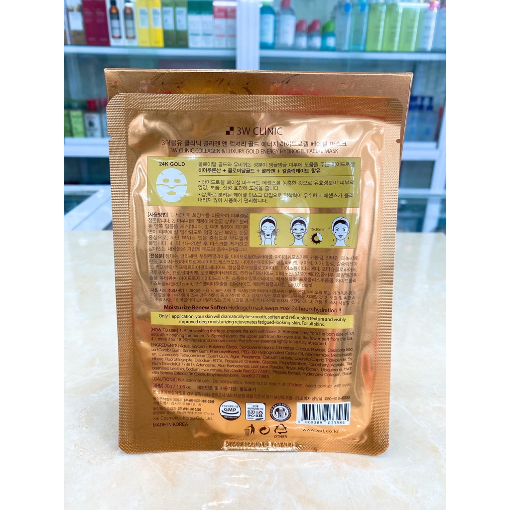 (Hộp 5 Miếng) Mặt Nạ Dưỡng Trắng Chống Lão Hóa 3W Clinic Collagen &amp; Luxury Gold Energy Hydrogel 24k Gold