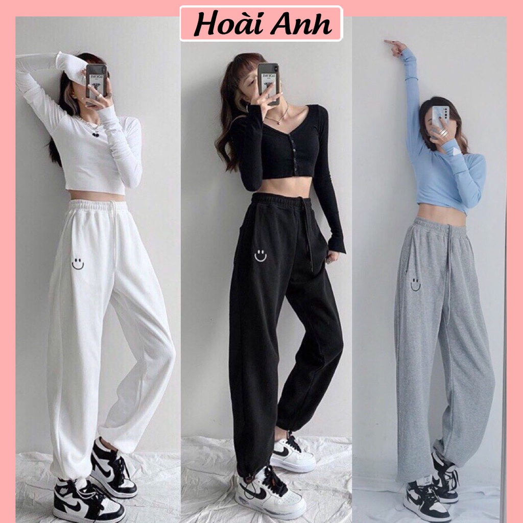 Quần Jogger Thêu Mặt Cười Quần Ống Rộng Bo Gấu Siêu Hack Chân Ullzang Chất Nỉ Dày Dặn