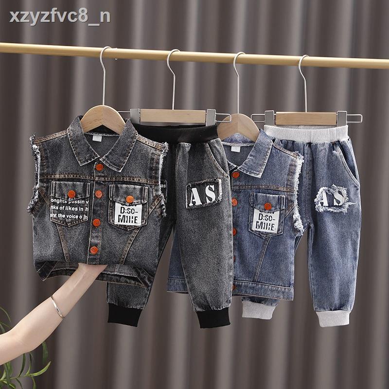 ✑Bé trai bộ đồ mùa xuân và thu 2021 mới phong cách nước ngoài quần áo denim ghi lê hai mảnh phù hợp với t