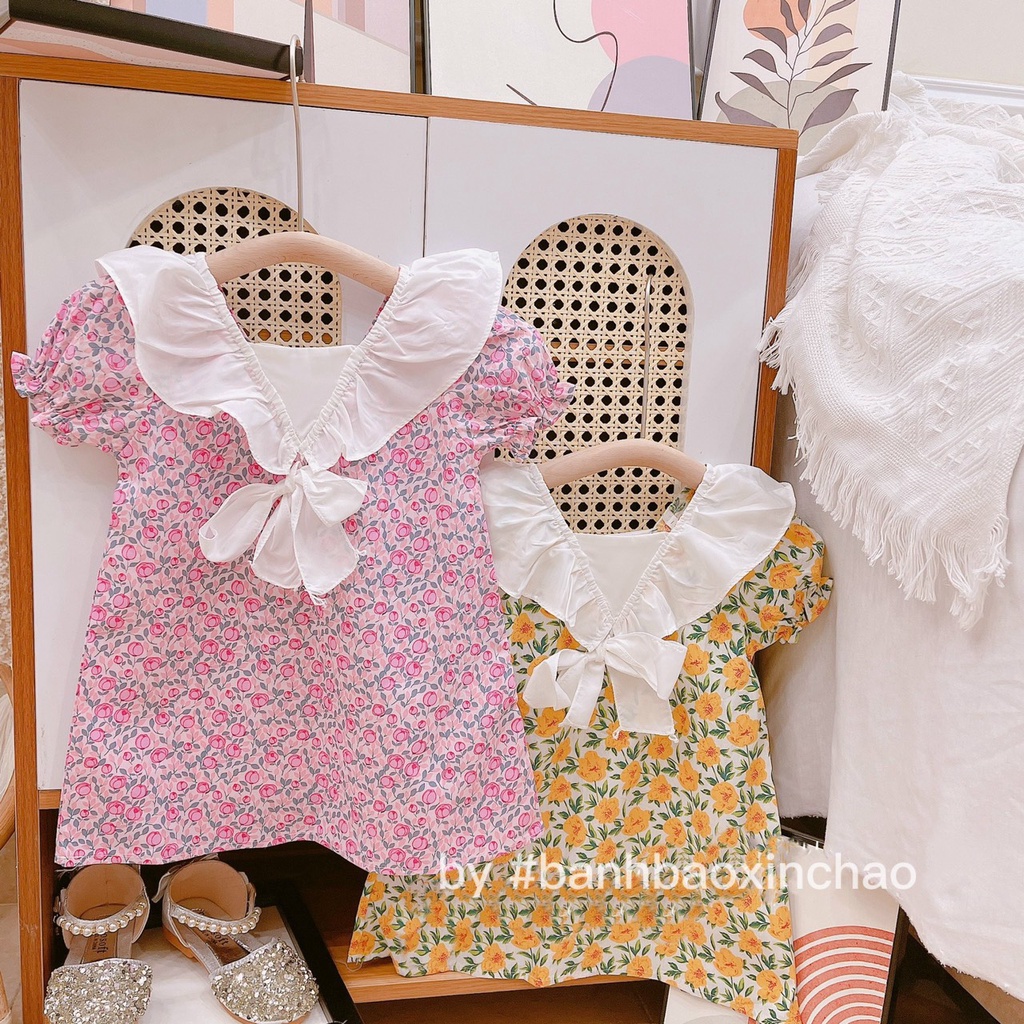 Váy hoa hoạ tiết tay bồng cổ bèo cho bé gái 1-5 tuổi BB16