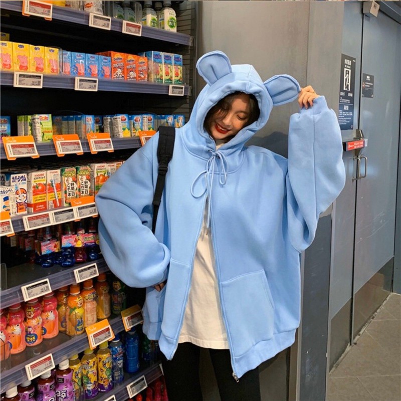 Áo khoác hoodie chống nắng nón Tai Thỏ form rộng , dành cho nữ chất nỉ ngoại Có Dây Kéo Unisex ulzzang