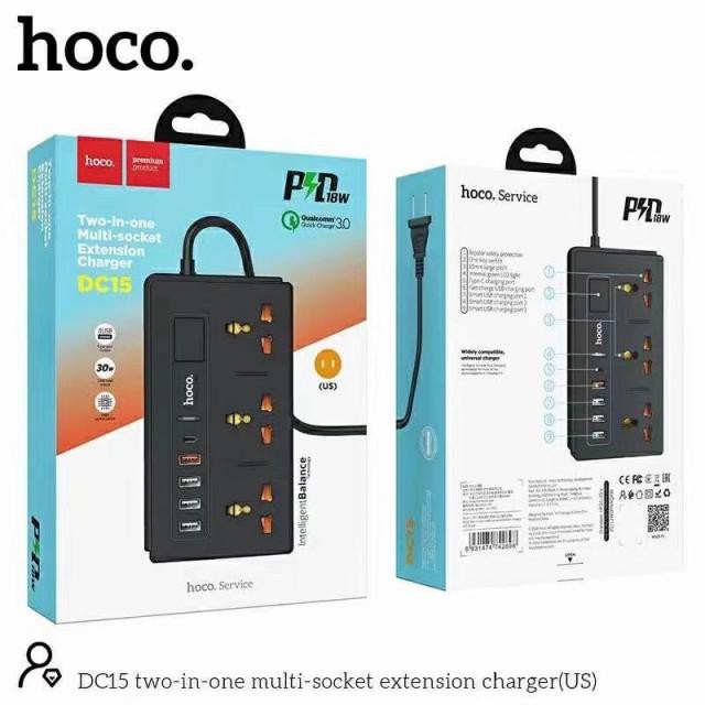 Ổ cắm Hoco DC15 2 in 1 Multi-socket ( 4 cổng USB+ Type-C ) hỗ trợ sạc 30W, Quick charger 3.0, PD 18W, dây dài 150cm