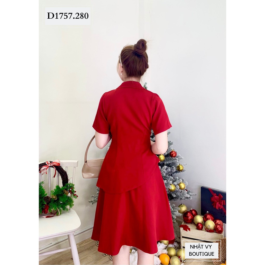 Set Áo Vest + Chân Váy Nữ NHẬT VY  Cài Cúc Cổ Tim Chiết Eo Chất Cotton Công Sở Dáng Xòe Màu Đỏ, Đen - D1757