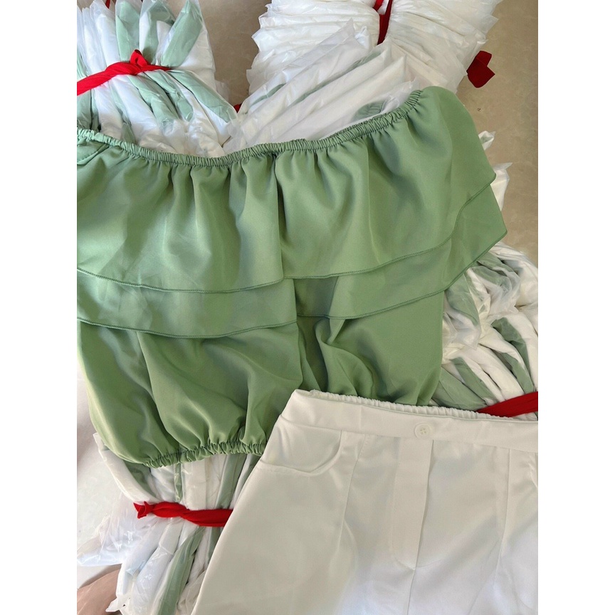 Set váy 2 món với áo kiểu nữ bệch vai phối nhúng tầng kèm chân váy chữ A có túi ôm dáng đẹp