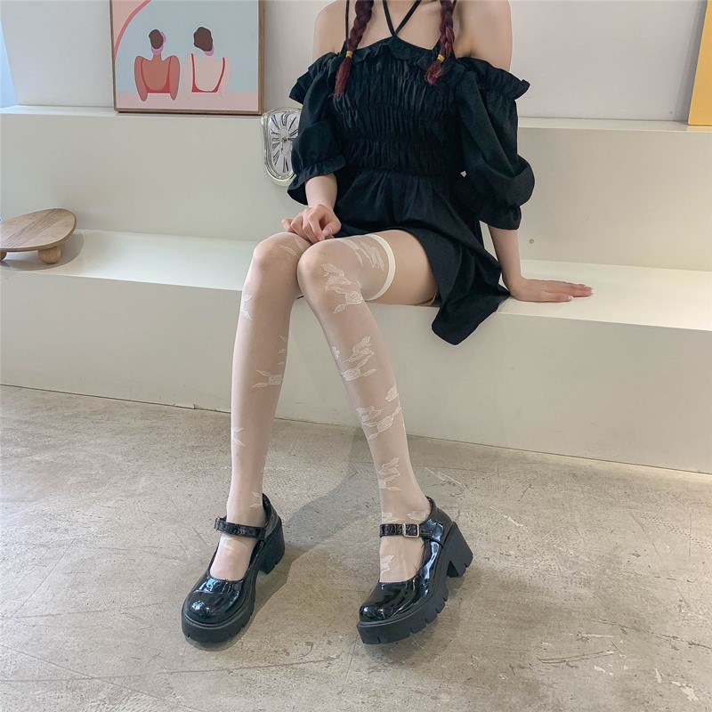 XIXI Tất Đùi Trong Suốt Mỏng Họa Tiết Hoa Hồng Phong Cách Lolita Nhật Bản Cho Nữ