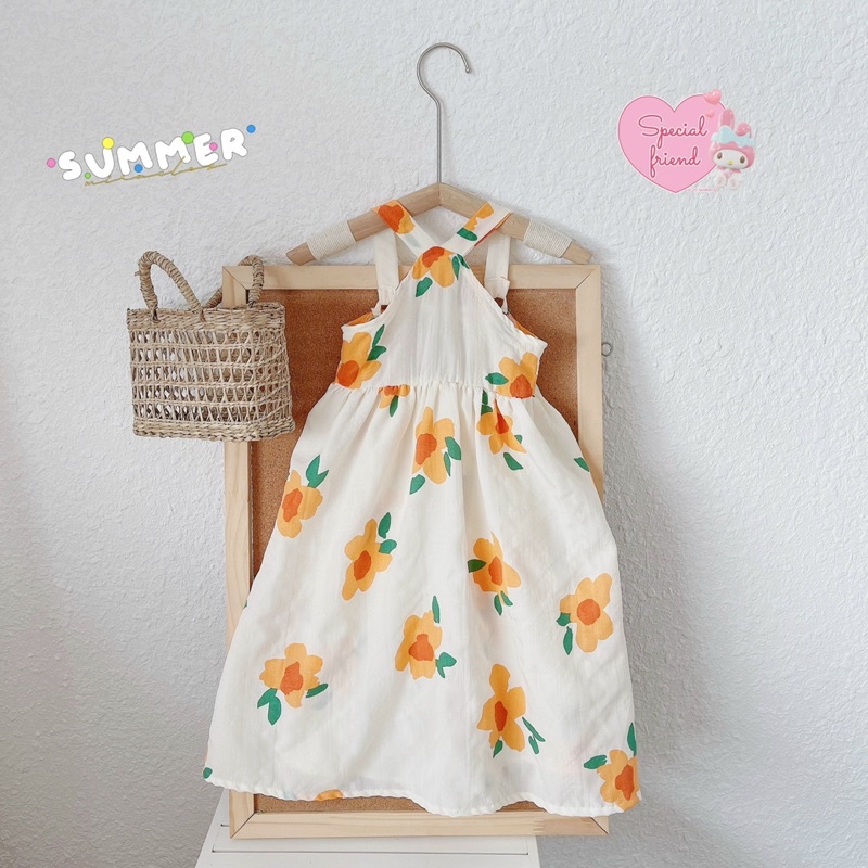 Váy Xốp Maxi Cổ Yếm Hoạ Tiết Hoa Xinh Xắn Điệu Đà Cho Bé Gái NIAKI -TT24