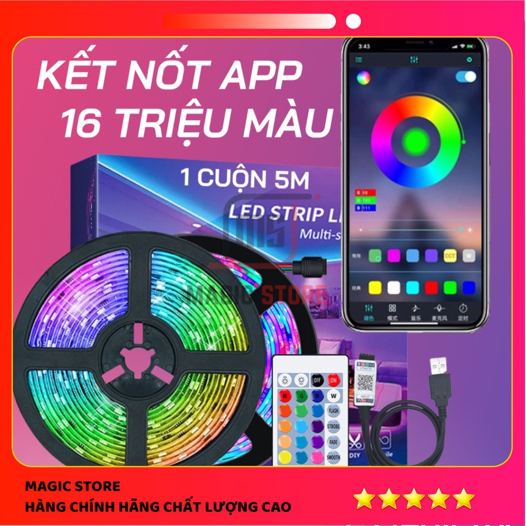 Đèn led Tiktok 5m RGB 16 triệu màu điều khiển bằng app điện thoại, nháy theo nhạc full bộ