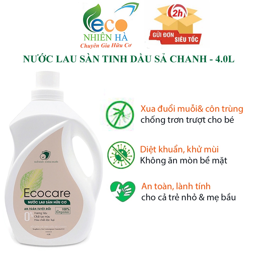 Nước lau sàn ECOCARE 4L tinh dầu sả chanh, nước lau nhà đuổi muỗi, chống trượt cho bé