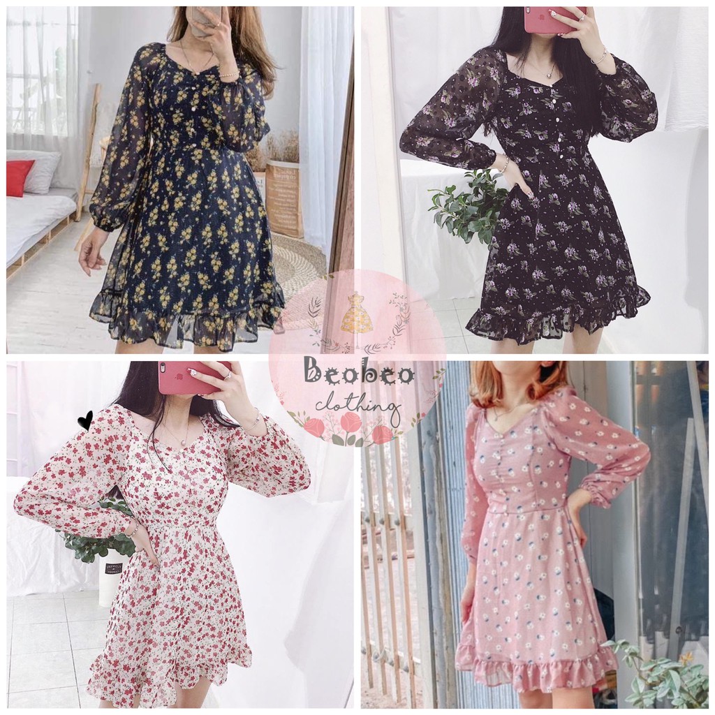 Đầm hoa nhí đuôi cá tay phồng phối nút vintage