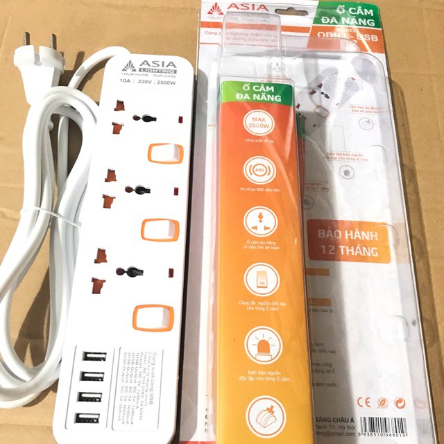 Ổ cắm đa năng màu trắng 3 ổ liền dây 3m, TÍCH HỢP CỔNG USB - ASIA Lighting
