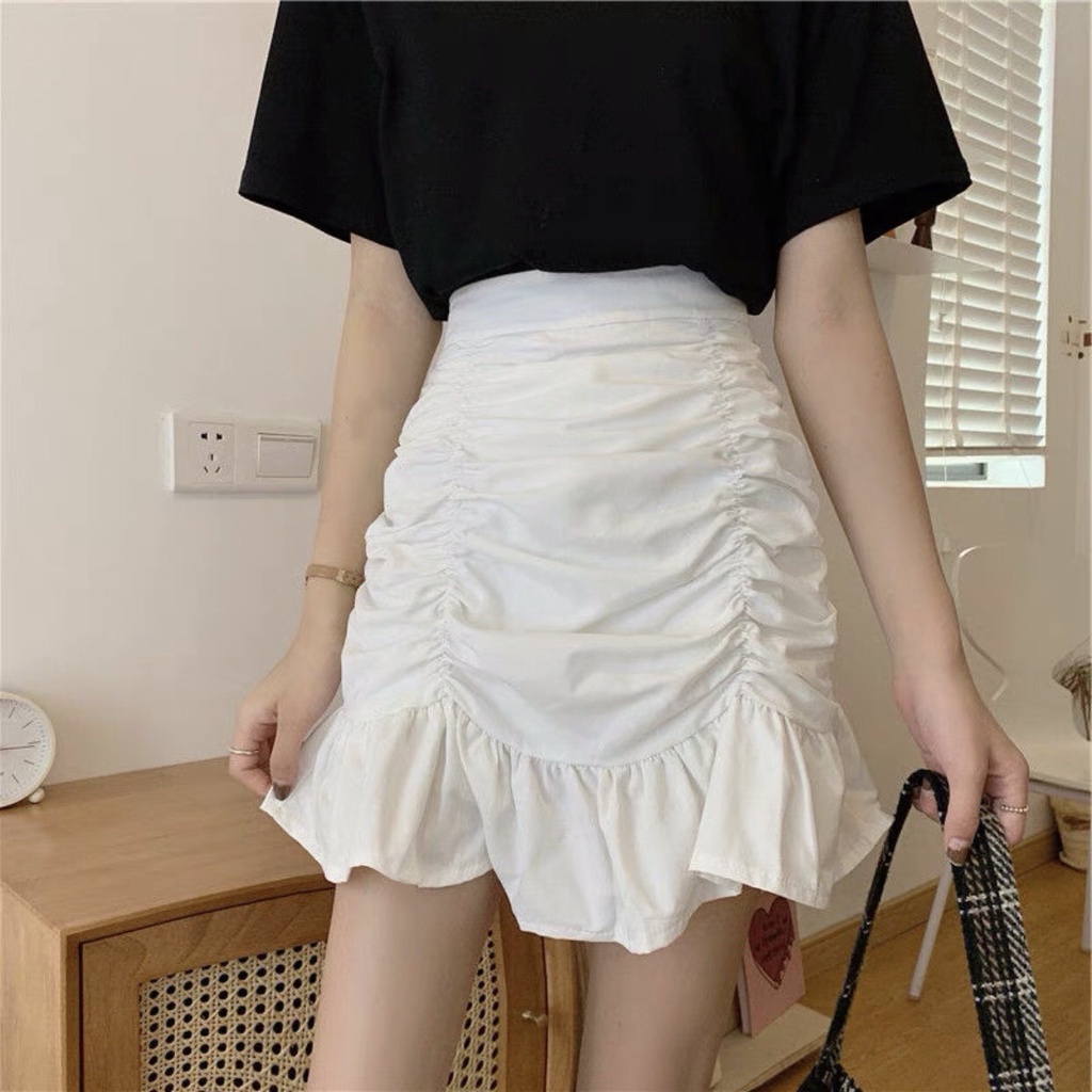 CHÂN VÁY NHÚN ĐUÔI CÁ Cạp Cao Có Quần Trong - Chân Váy Đũi Body Khóa Kéo Viền Bèo Chữ A Trắng Đen
