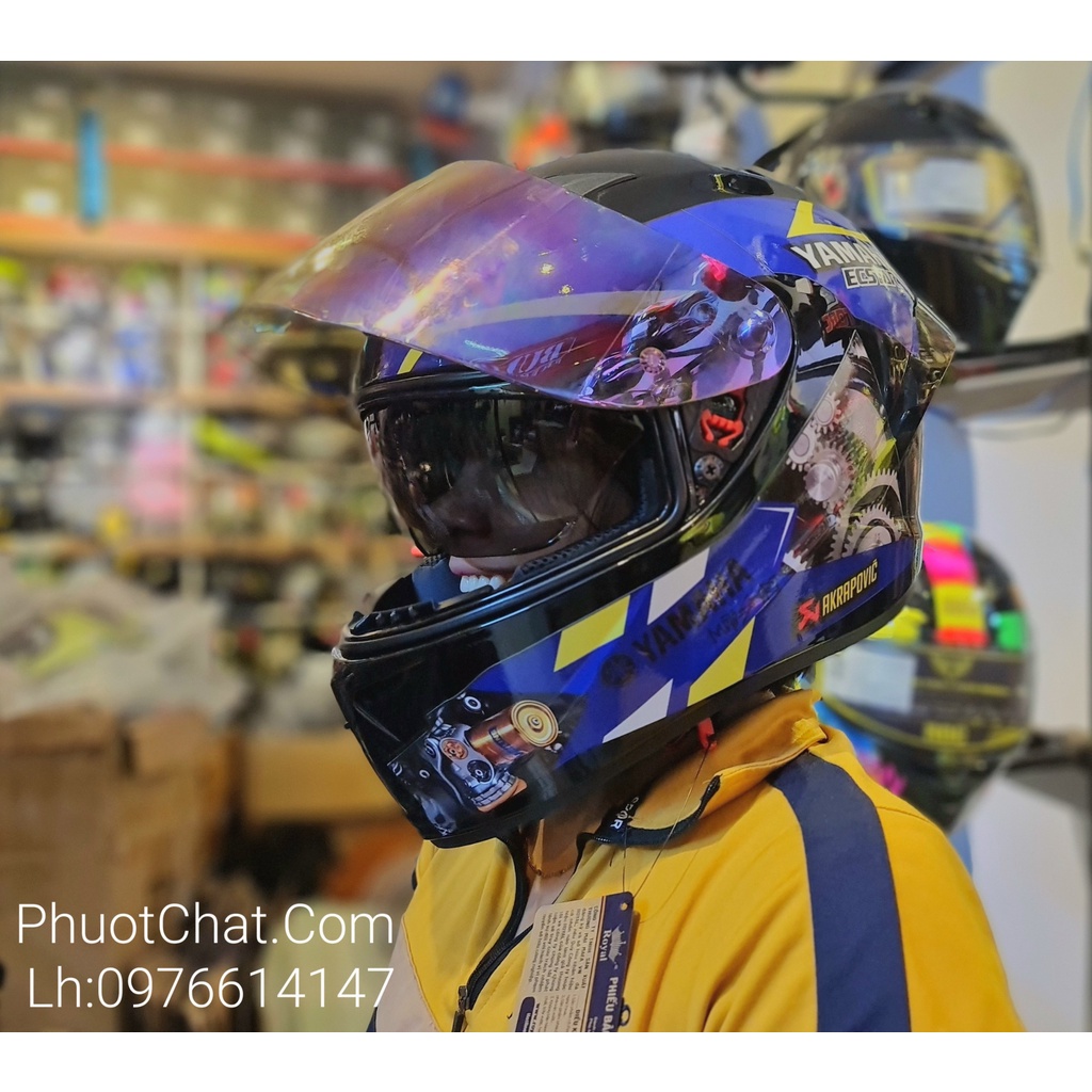 Nón bảo hiểm Fullface đen bóng M266 dán tem Yamaha xanh